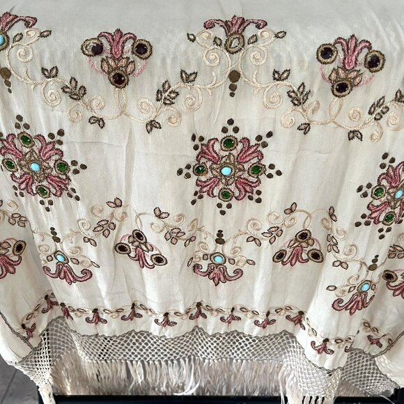 Vintage Silk Embroidered Beaded Scarf Shawl Stole Wrap Fringe Beige Soft 104x26” - Picture 7 of 16